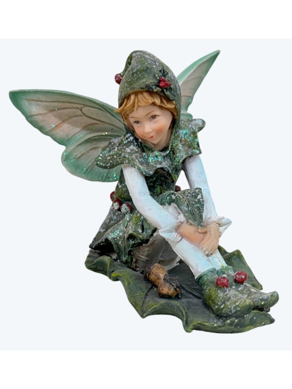 HTF Rare Mark Roberts Resin Non Bendable Fairy Pixie Elf Figurine on Holly Leaf